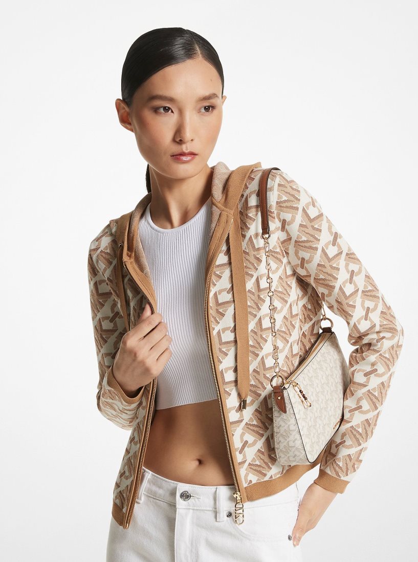 Chandails Michael Kors Empire Signature Logo Jacquard Zip-Up Hoodie Femme Beige | 0819AQFVZ
