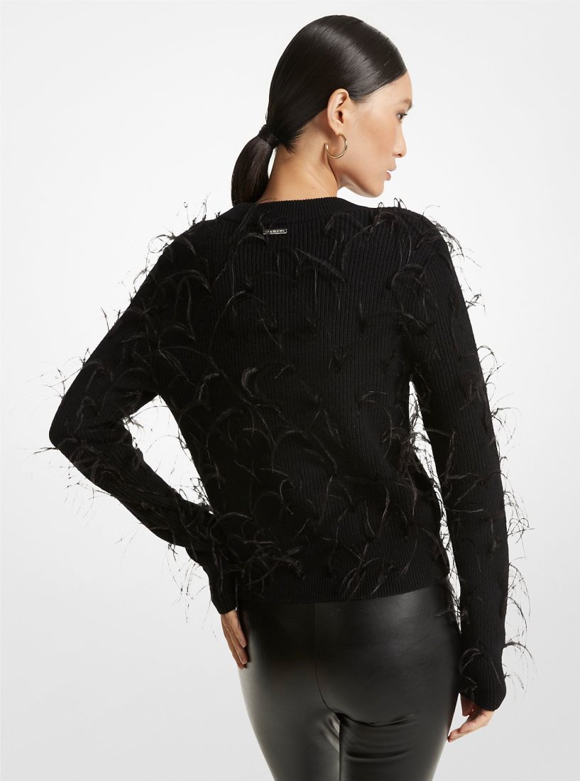 Chandails Michael Kors Feather Embellished Merino Wool Blend Cropped Sweater Femme Noir | 5862USIXT