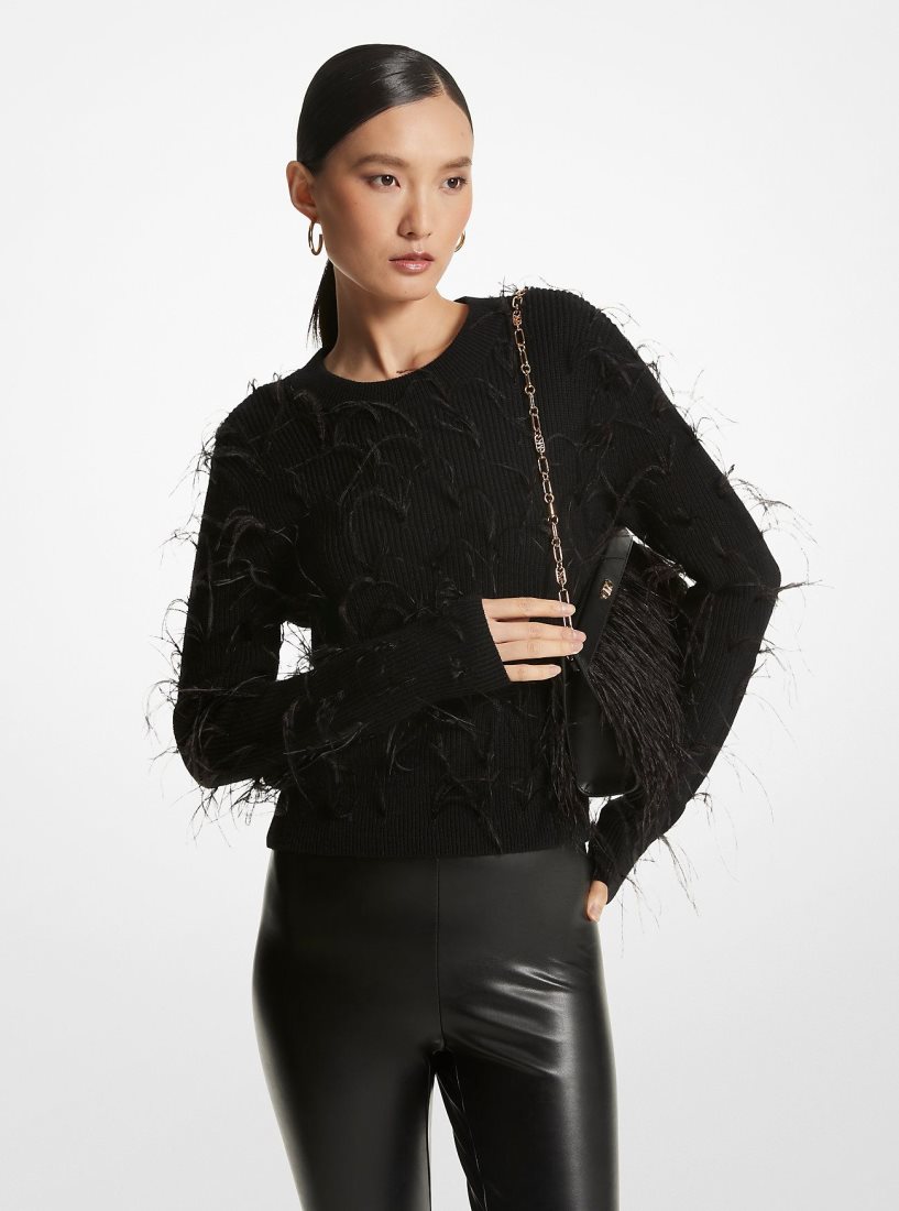 Chandails Michael Kors Feather Embellished Merino Wool Blend Cropped Sweater Femme Noir | 5862USIXT