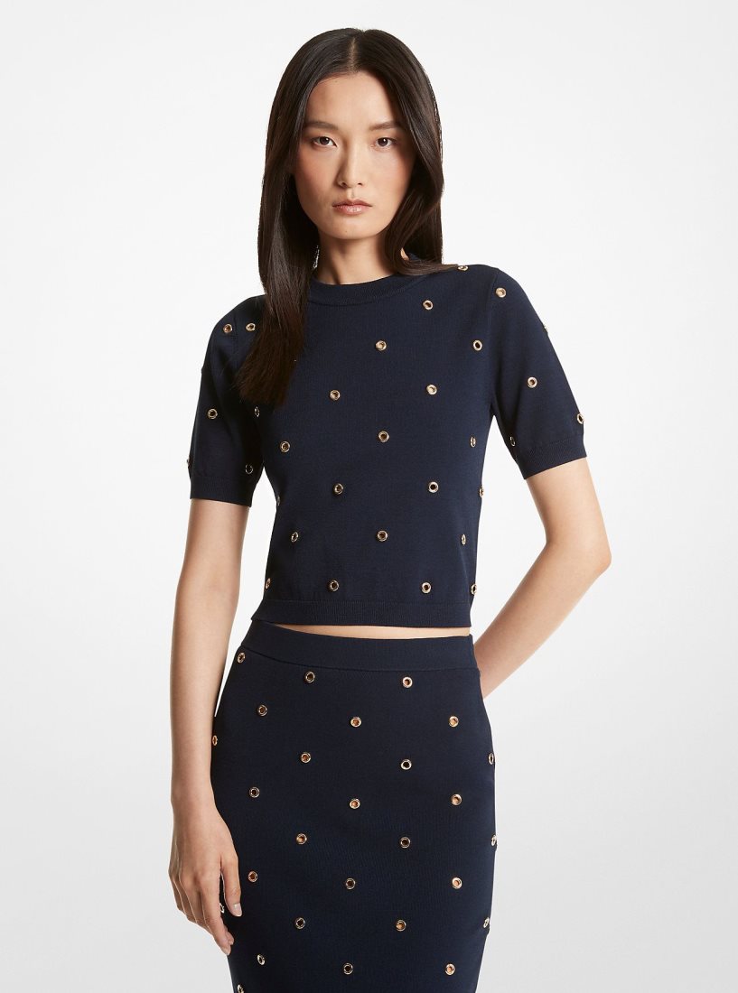 Chandails Michael Kors Grommet-Embellished Stretch Viscose Sweater Femme Bleu Doré | 6834KWCOS