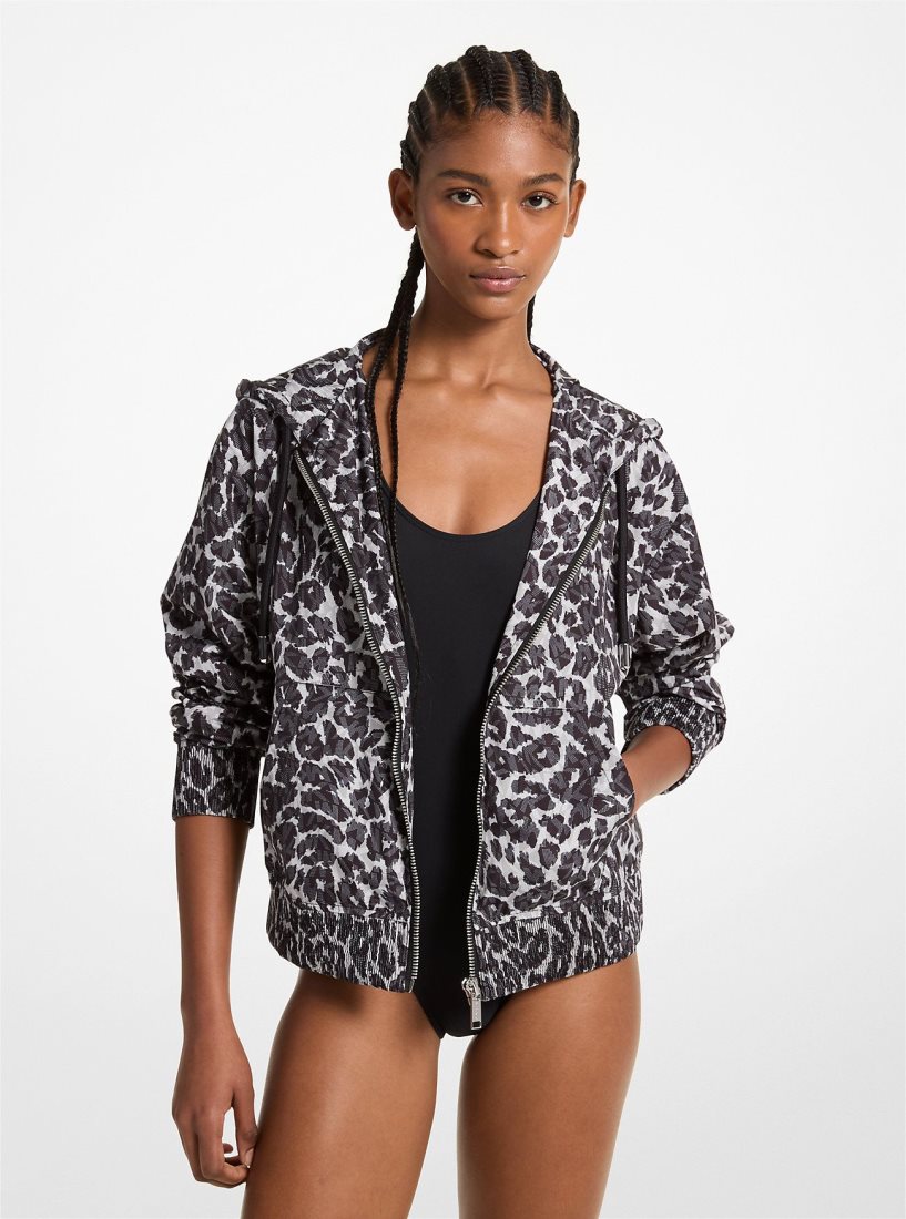 Chandails Michael Kors Leopard Logo Print Woven Zip-Up Hoodie Femme Grise | 4261ZLGNA