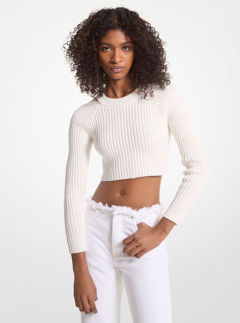 Chandails Michael Kors Ribbed Organic Cotton Cropped Sweater Femme Blanche | 6017WUHGY