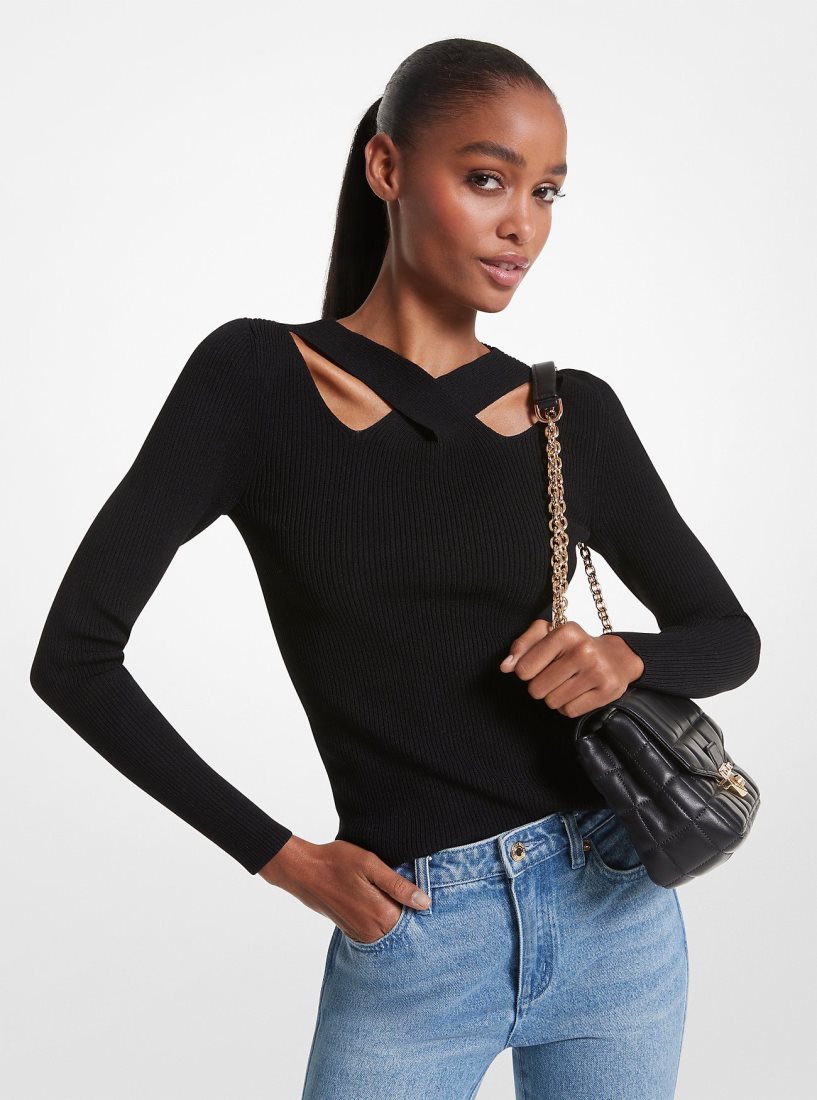 Chandails Michael Kors Ribbed Stretch Knit Cutout Sweater Femme Noir | 8254ALYNK
