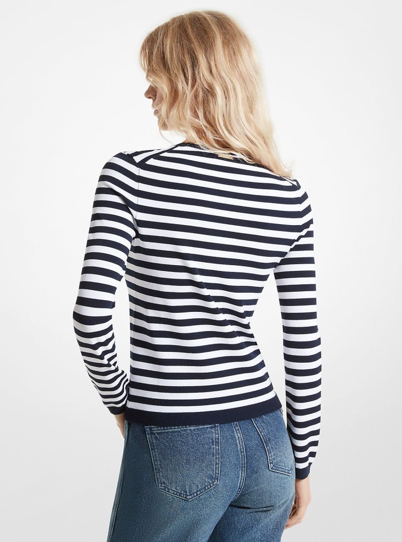 Chandails Michael Kors Striped Stretch Knit Sweater Femme Mdntbl/Wht | 5912GVEUD