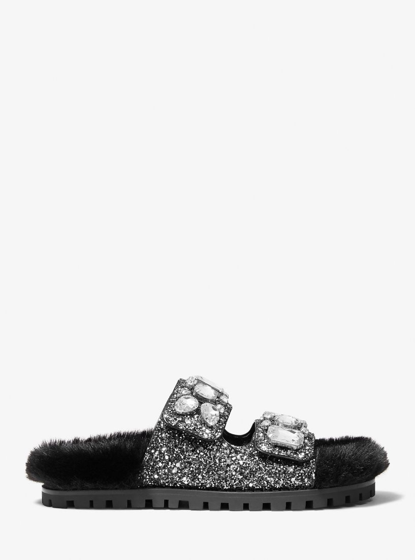 Chausson Michael Kors Stark Embellished Glitter and Faux Fur Slide Sandal Femme Noir Argent | 5403TIMSZ