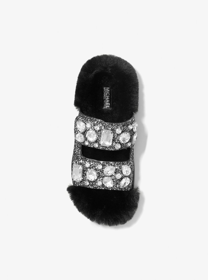 Chausson Michael Kors Stark Embellished Glitter and Faux Fur Slide Sandal Femme Noir Argent | 5403TIMSZ