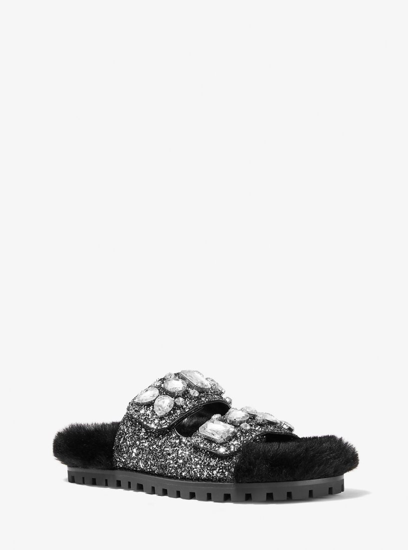 Chausson Michael Kors Stark Embellished Glitter and Faux Fur Slide Sandal Femme Noir Argent | 5403TIMSZ