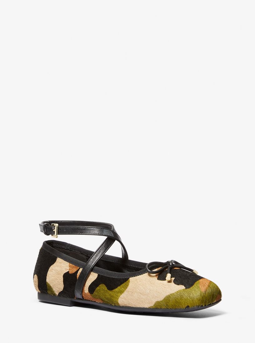 Chaussure Plate Michael Kors Collette Camouflage Print Calf Hair Ballet Flat Femme Vert Olive Multicolore | 3468GRNZP