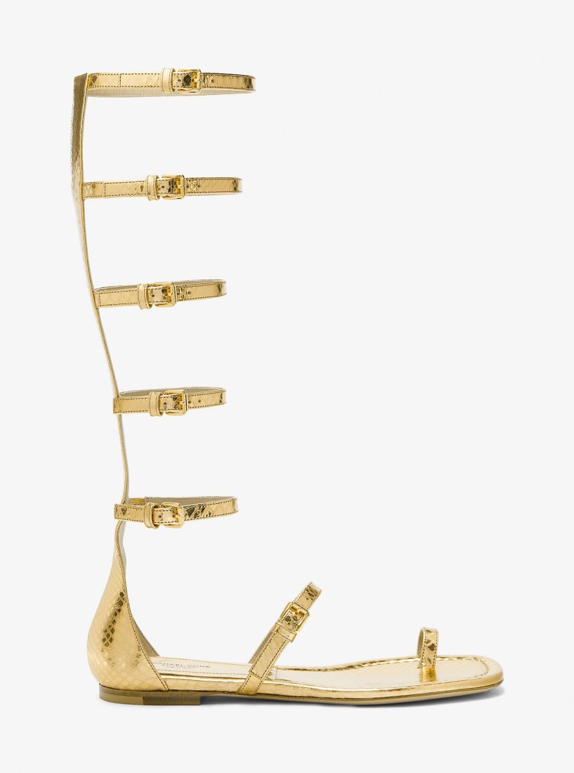 Chaussure Plate Michael Kors Juliette Metallic Python Embossed Leather Gladiator Sandal Femme Doré | 5392OMBQJ