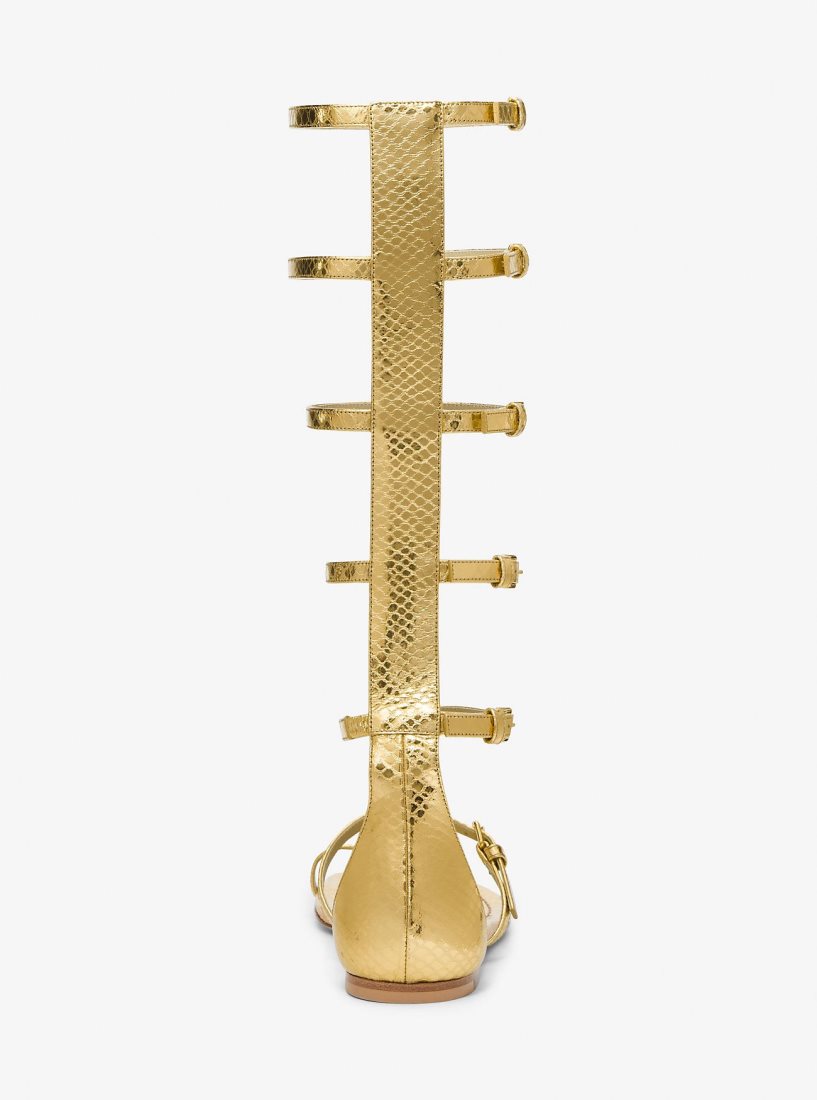 Chaussure Plate Michael Kors Juliette Metallic Python Embossed Leather Gladiator Sandal Femme Doré | 5392OMBQJ