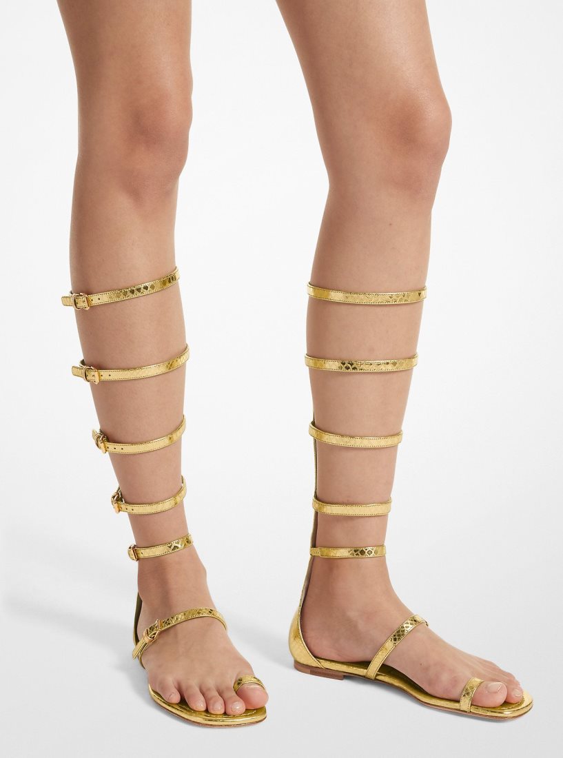 Chaussure Plate Michael Kors Juliette Metallic Python Embossed Leather Gladiator Sandal Femme Doré | 5392OMBQJ