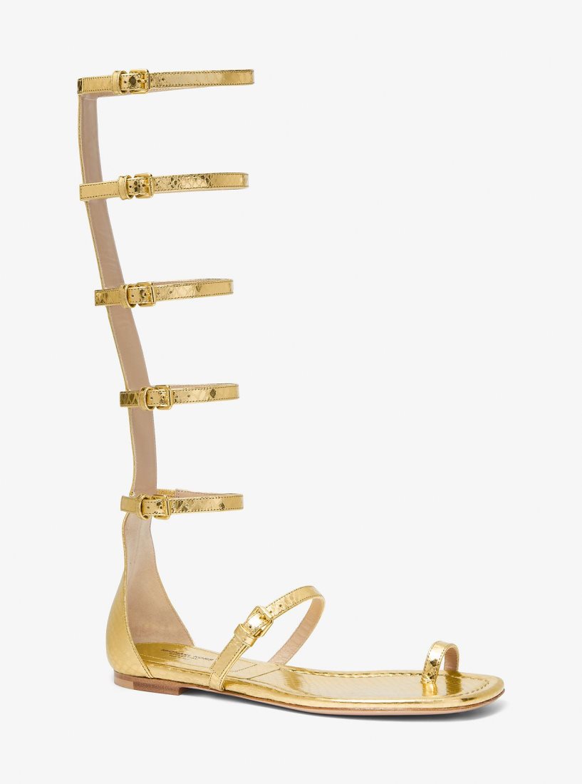 Chaussure Plate Michael Kors Juliette Metallic Python Embossed Leather Gladiator Sandal Femme Doré | 5392OMBQJ