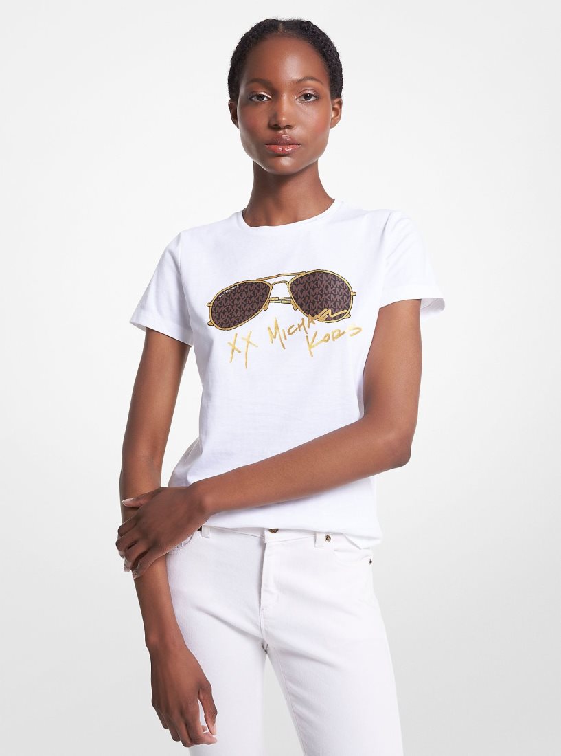 Chemises Michael Kors Logo Aviator Print Organic Cotton T-Shirt Femme Blanche | 4715BTKVP