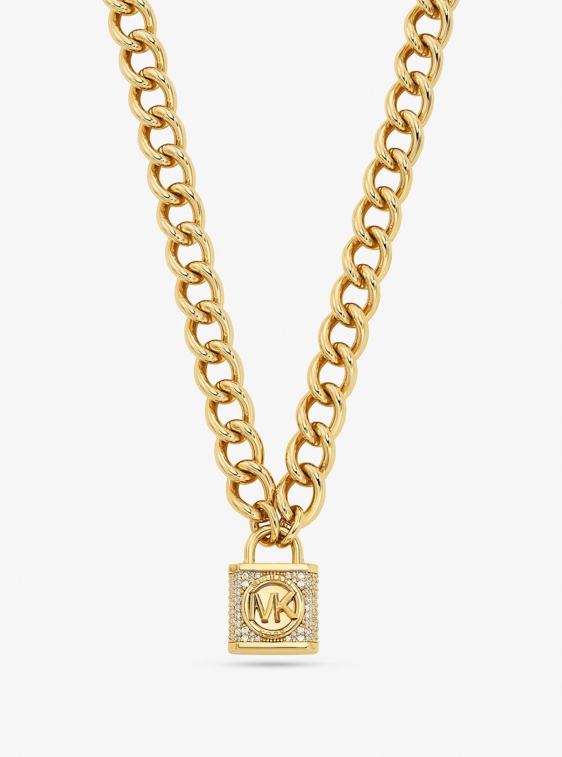 Colliers Michael Kors Precious Metal-Plated Brass Pave Lock Necklace Femme Doré | 7850UHXKE