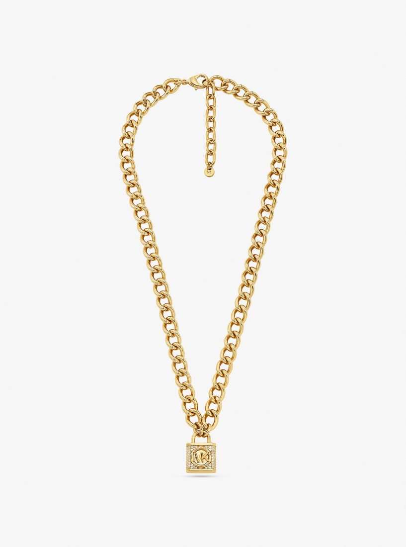 Colliers Michael Kors Precious Metal-Plated Brass Pave Lock Necklace Femme Doré | 7850UHXKE