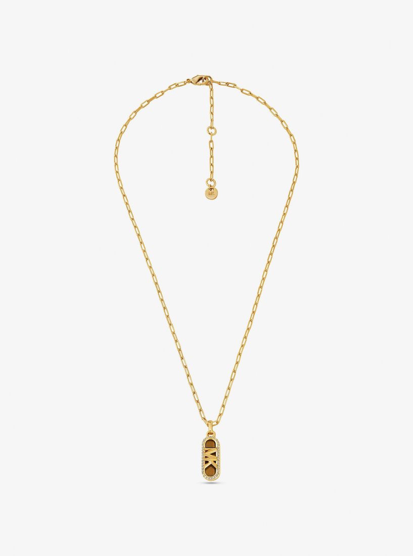 Colliers Michael Kors Precious Metal-Plated Brass and Acetate Pave Empire Logo Necklace Femme Doré | 0953QDNER