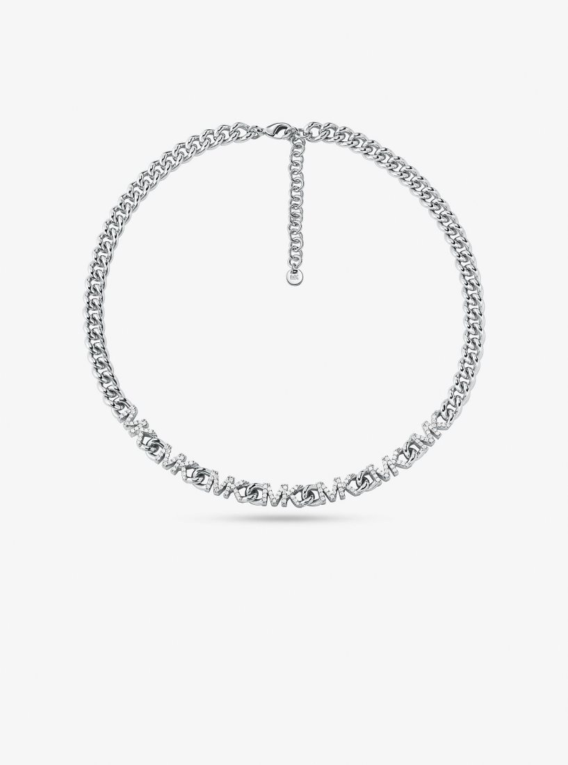 Colliers Michael Kors Precious Metal-Plated Brass Pave Logo Chain Necklace Femme Argent | 1367NMICA