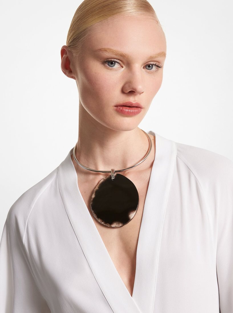 Colliers Michael Kors Precious Metal-Plated Brass and Agate Collar Necklace Femme Noir Argent | 1976BJWXT