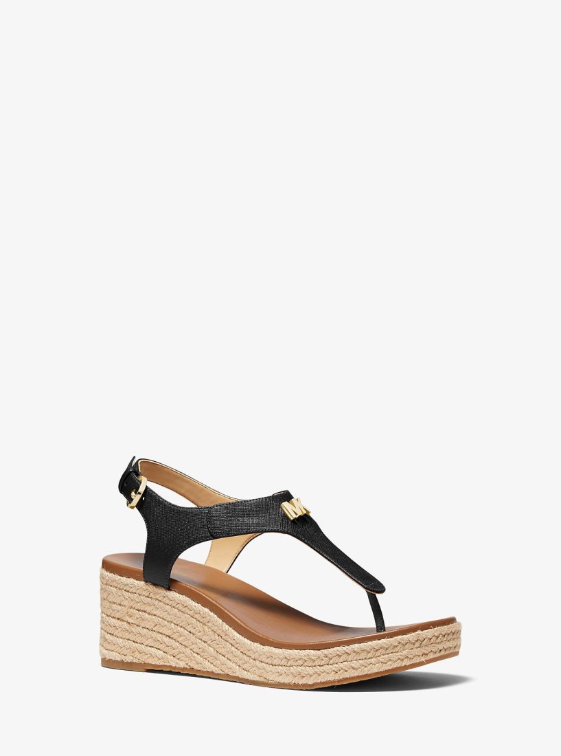 Compensées Michael Kors Laney Saffiano Leather Espadrille Wedge Sandal Femme Noir | 0679VGNDL