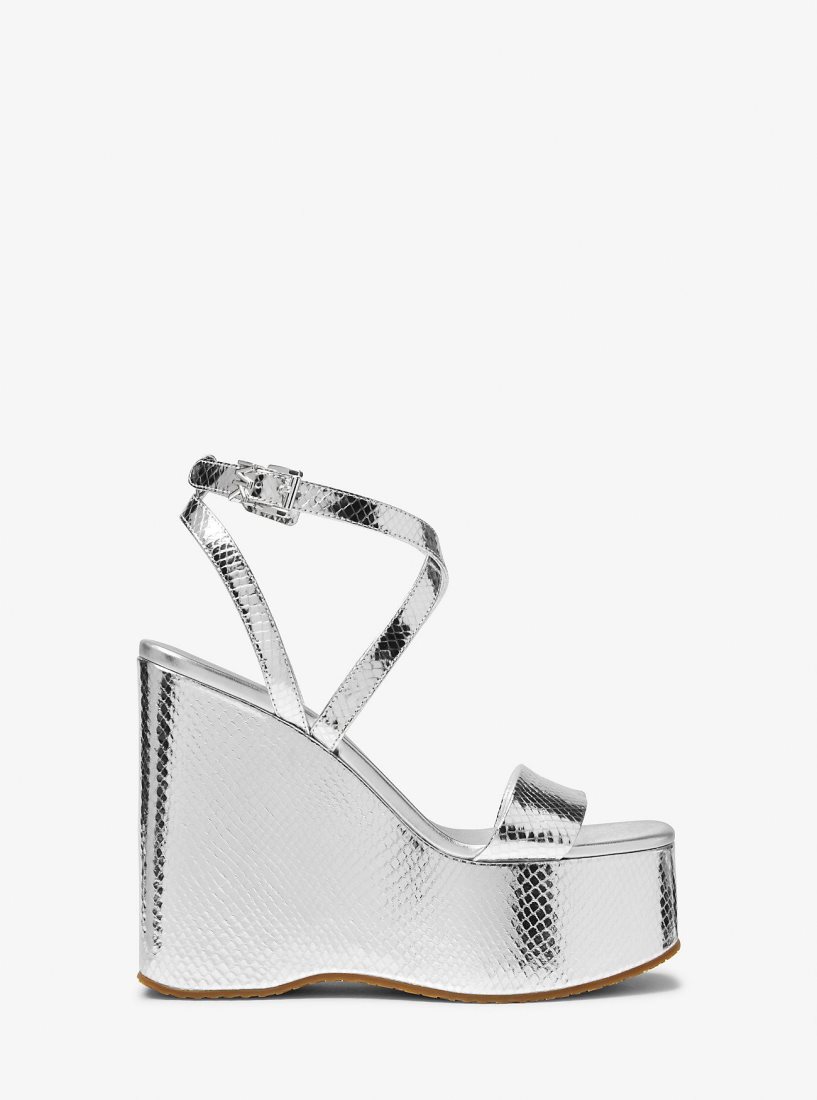 Compensées Michael Kors Paola Metallic Snake Embossed Leather Wedge Sandal Femme Argent | 0348KLYHN