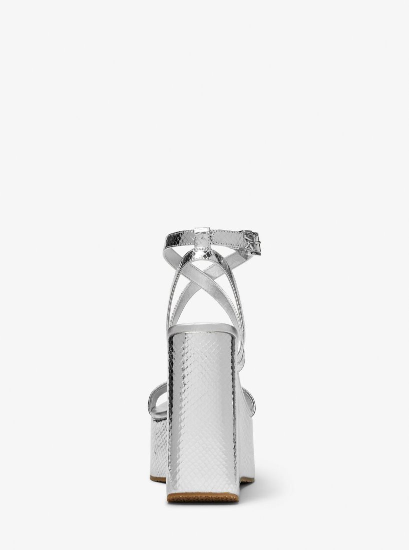 Compensées Michael Kors Paola Metallic Snake Embossed Leather Wedge Sandal Femme Argent | 0348KLYHN