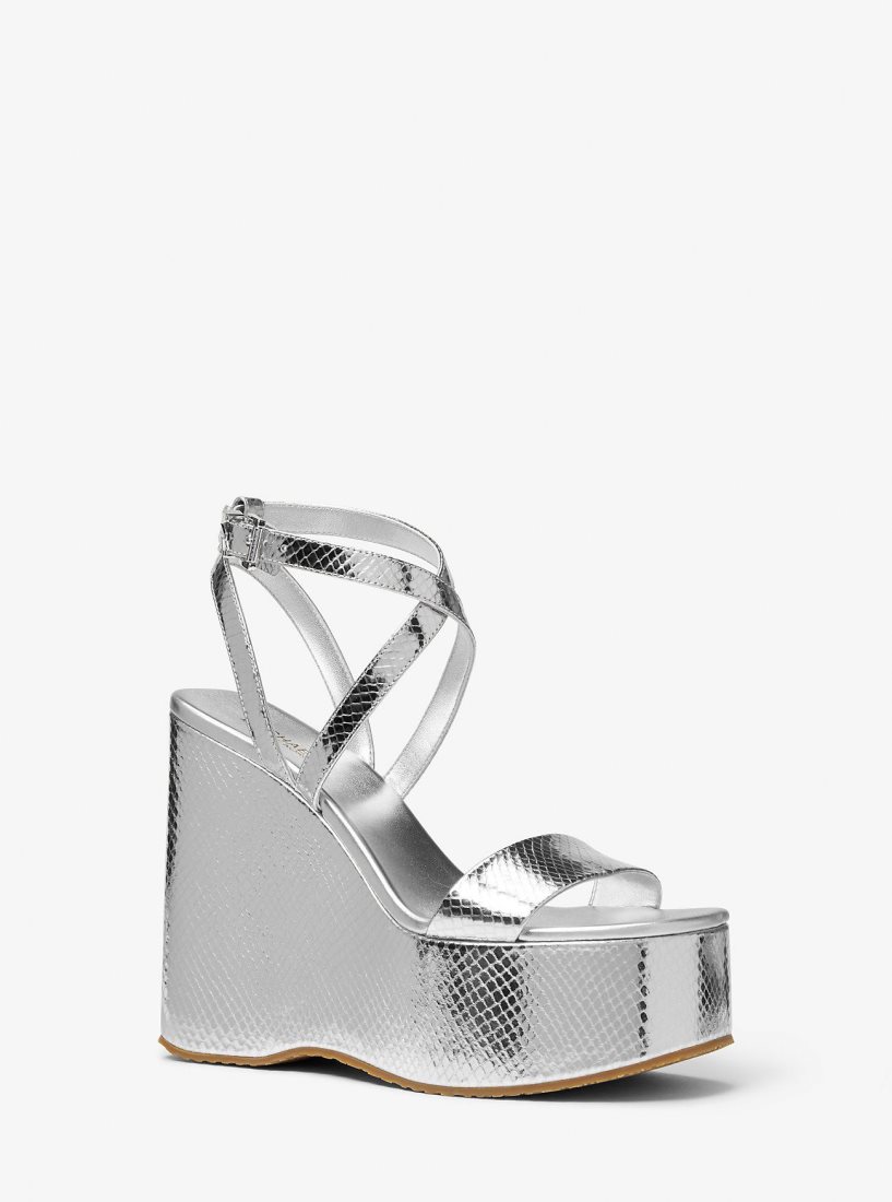 Compensées Michael Kors Paola Metallic Snake Embossed Leather Wedge Sandal Femme Argent | 0348KLYHN