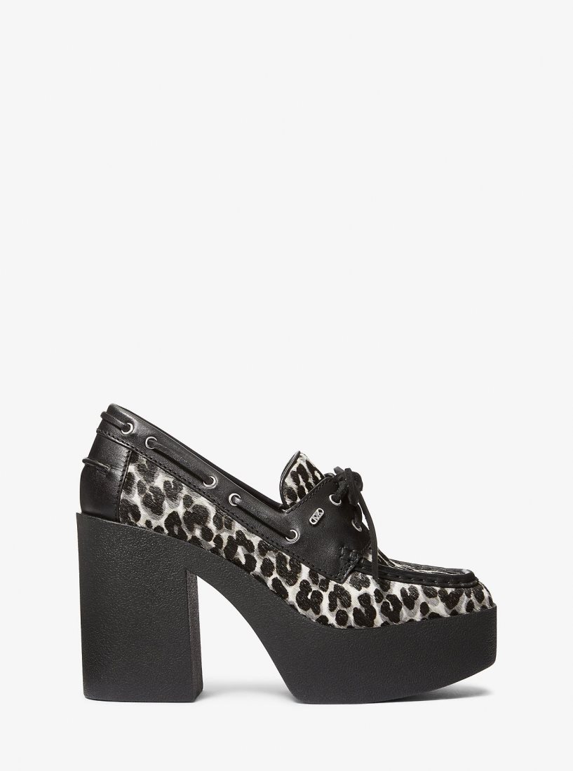 Escarpin Michael Kors Cameron Leopard Print Calf Hair Platform Loafer Femme Noir | 0891PLYKD