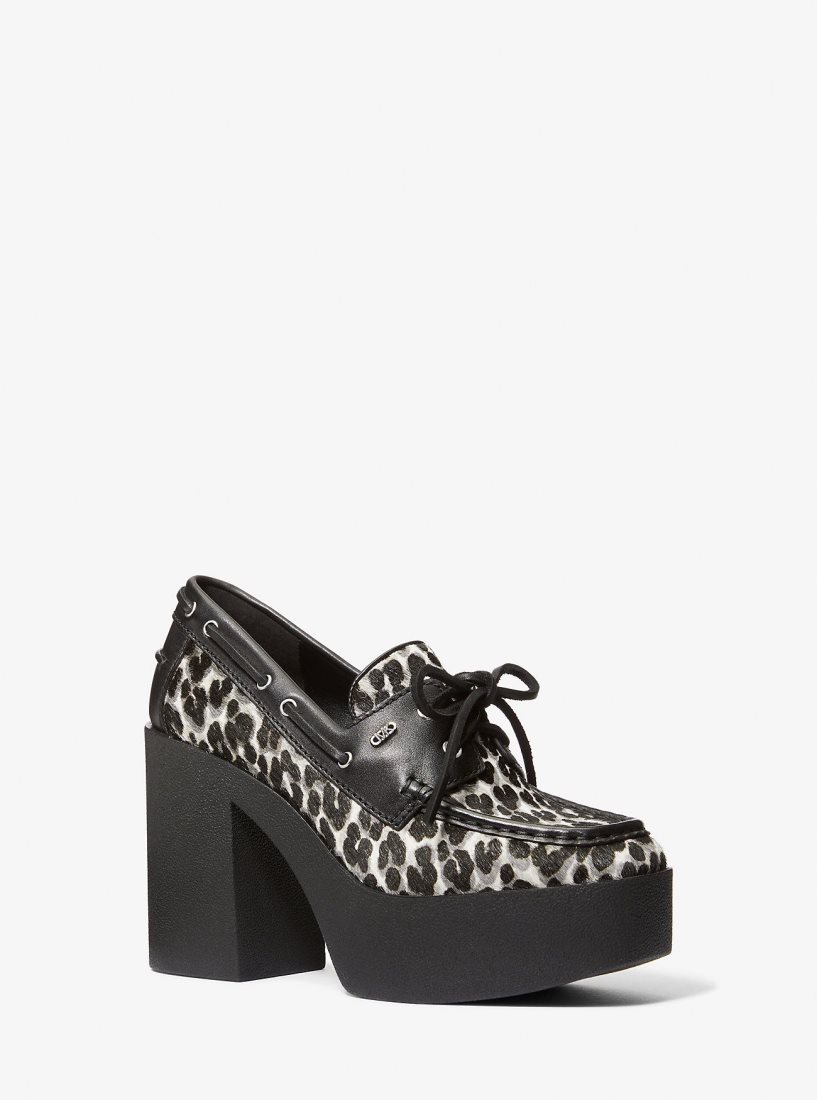 Escarpin Michael Kors Cameron Leopard Print Calf Hair Platform Loafer Femme Noir | 0891PLYKD