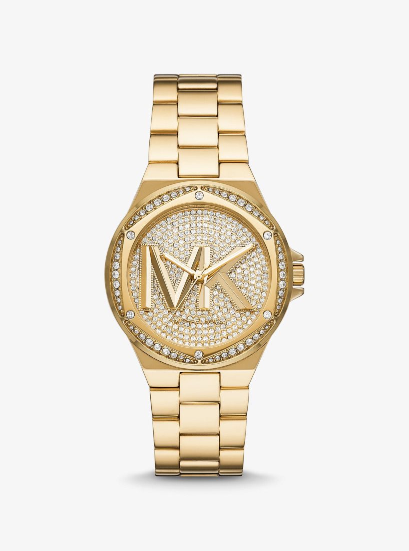 Gold-tone Michael Kors Lennox Pave Logo Gold-Tone Logo Watch Femme Doré | 8079XZVSK