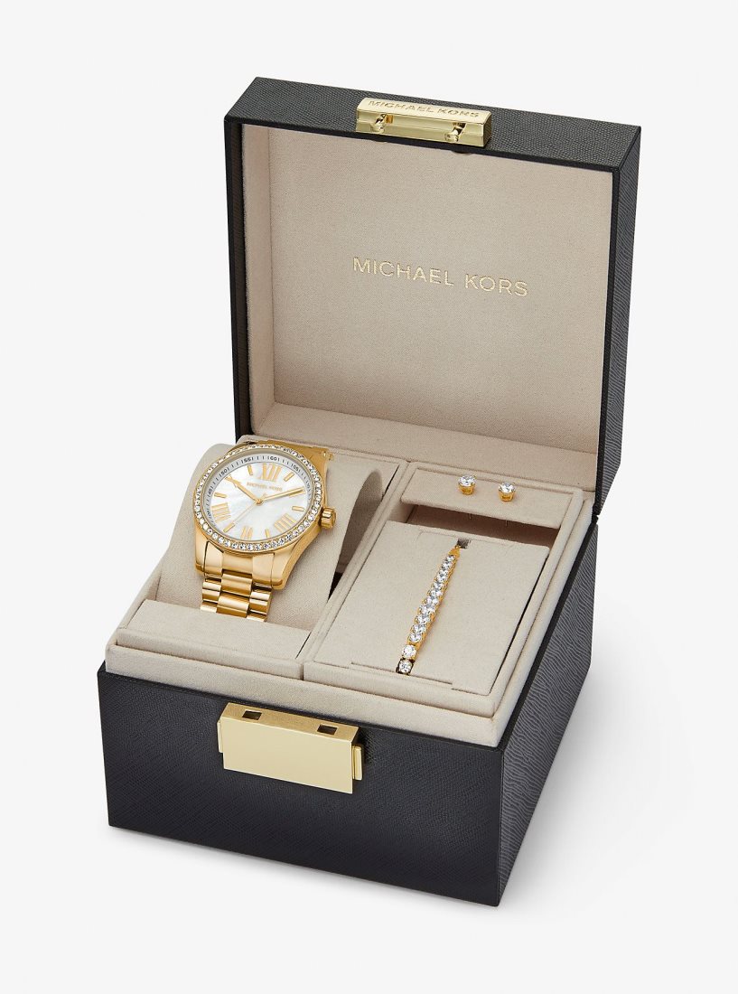 Gold-tone Michael Kors Lexington Pave Gold-Tone Watch and Jewelry Gift Set Femme Doré | 6013MSCDR