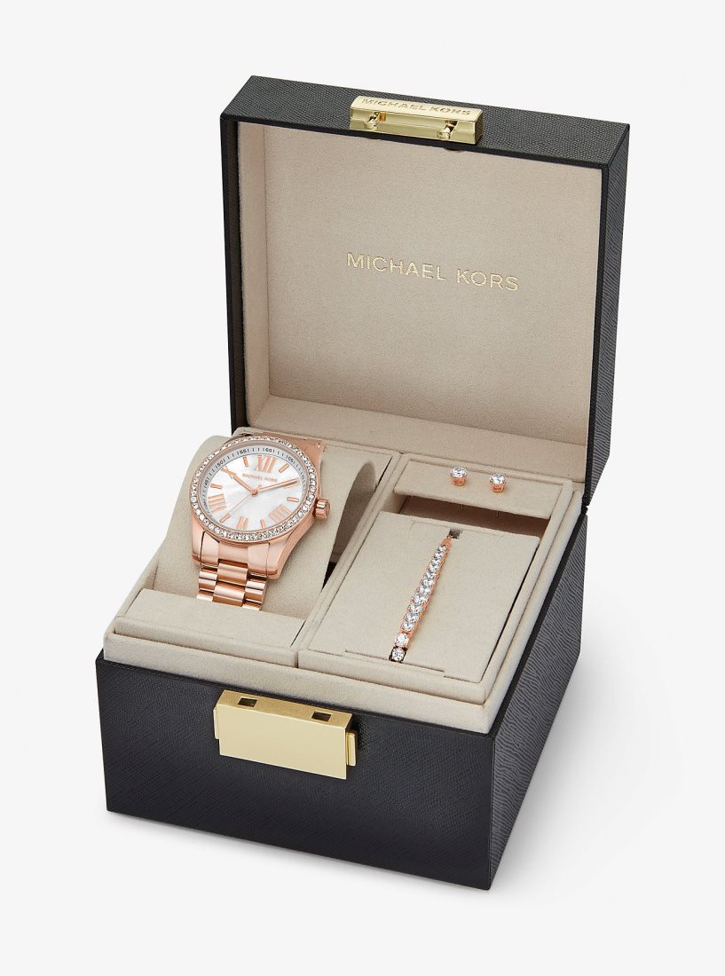 Gold-tone Michael Kors Lexington Pave Rose Gold-Tone Watch and Jewelry Gift Set Femme Rose Doré | 5042KHPWZ
