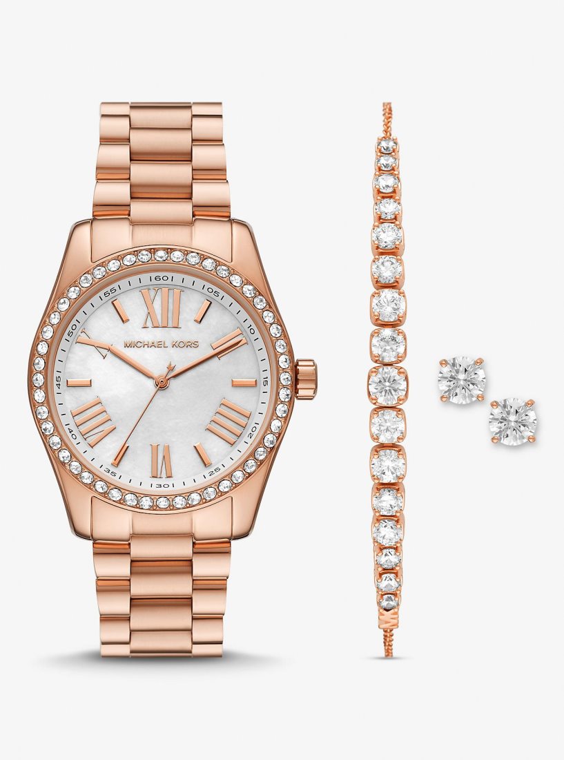 Gold-tone Michael Kors Lexington Pave Rose Gold-Tone Watch and Jewelry Gift Set Femme Rose Doré | 5042KHPWZ