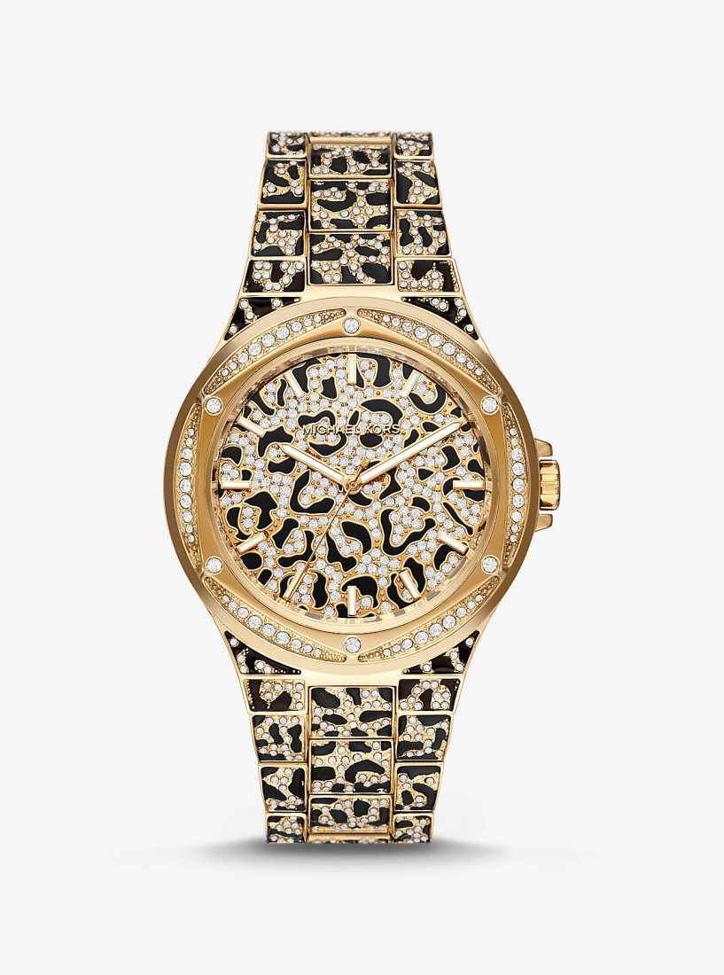 Gold-tone Michael Kors Oversized Lennox Animal Pave Gold-Tone Watch Femme Doré | 8490KTAIL