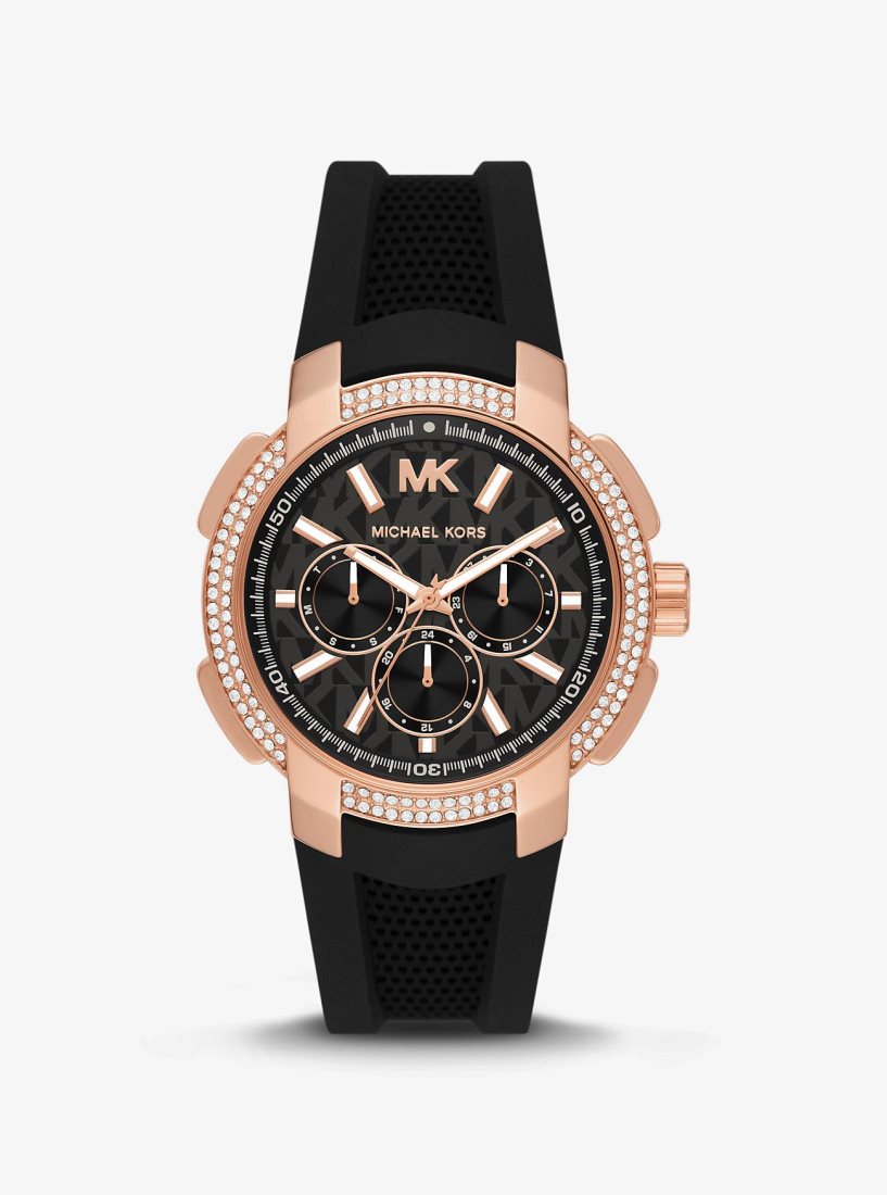 Gold-tone Michael Kors Oversized Sydney Pave Rose Gold-Tone and Silicone Watch Femme Noir | 9475AHVNT