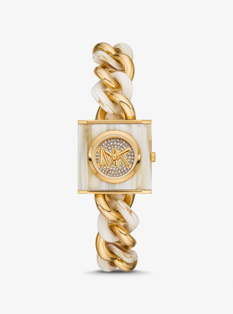 Gold-tone Michael Kors Petite Lock Pave Gold-Tone and Acetate Chain Watch Femme Horn | 8140IXCZR