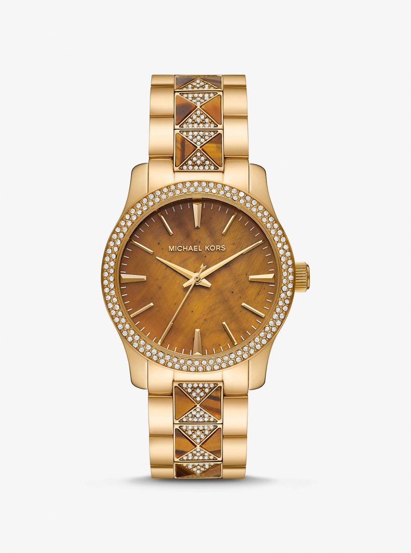 Gold-tone Michael Kors Runway Pave Gold-Tone and Tiger's Eye Watch Femme Doré | 5980ZKTPO