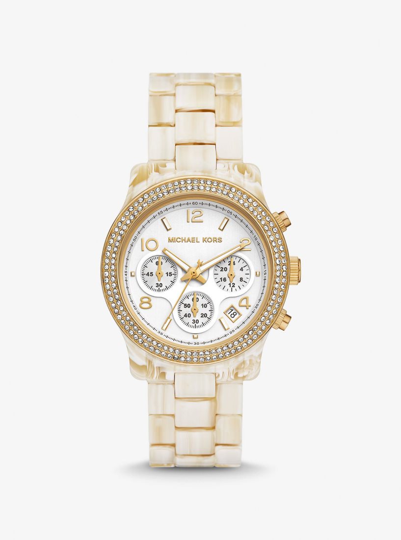 Gold-tone Michael Kors Runway Pave Gold-Tone and Acetate Watch Femme Alabaster | 8795ZISRW