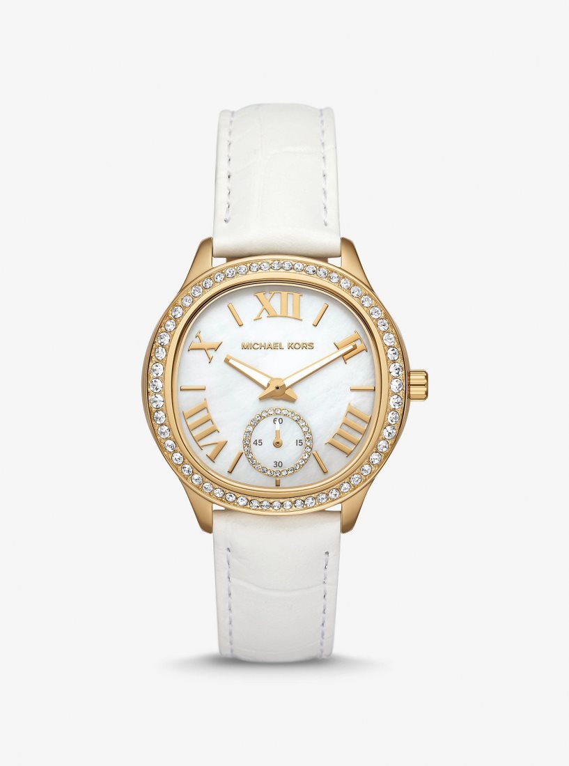 Gold-tone Michael Kors Sage Pave Gold-Tone and Crocodile Embossed Leather Watch Femme Blanche | 1746BKIXR