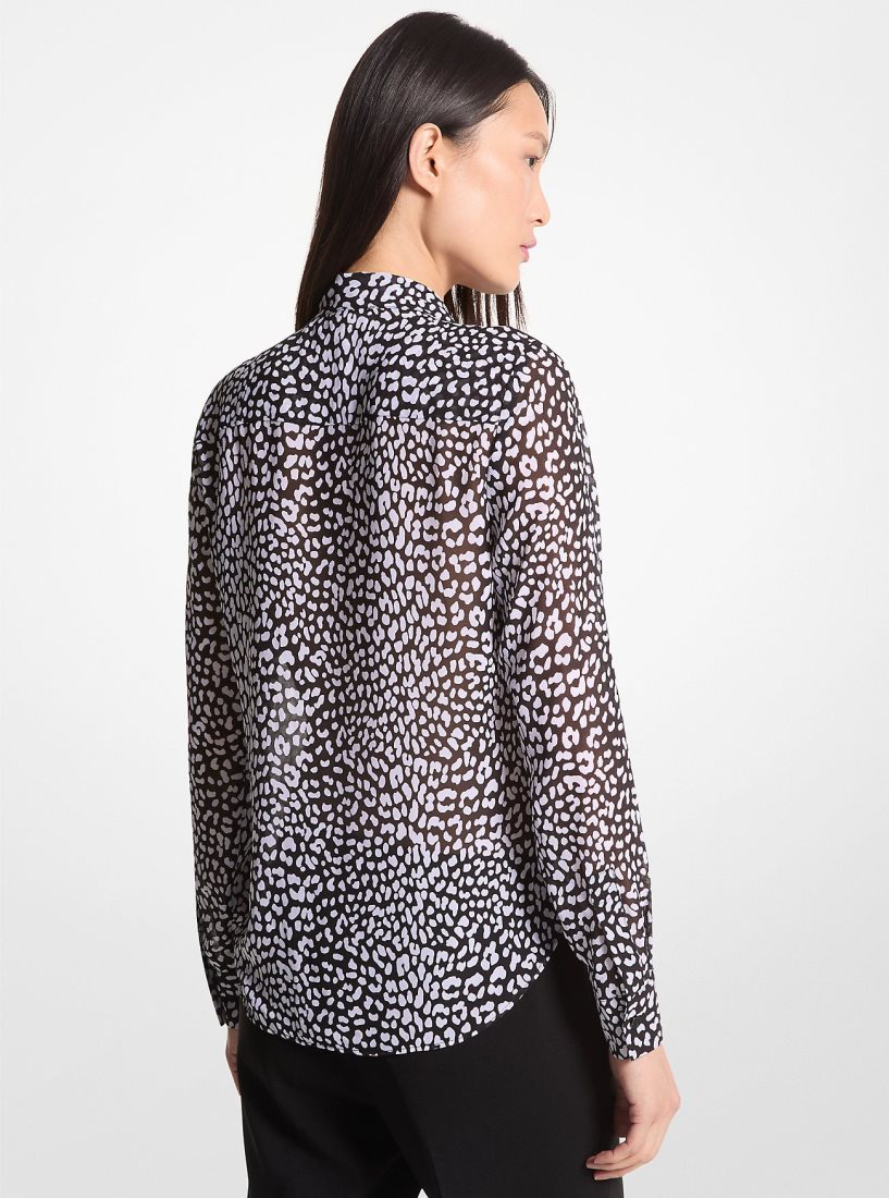 Hauts Michael Kors Graphic Leopard Print Georgette Tie-Neck Blouse Femme Noir Blanche | 6842WNIMD