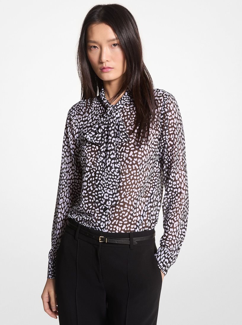 Hauts Michael Kors Graphic Leopard Print Georgette Tie-Neck Blouse Femme Noir Blanche | 6842WNIMD