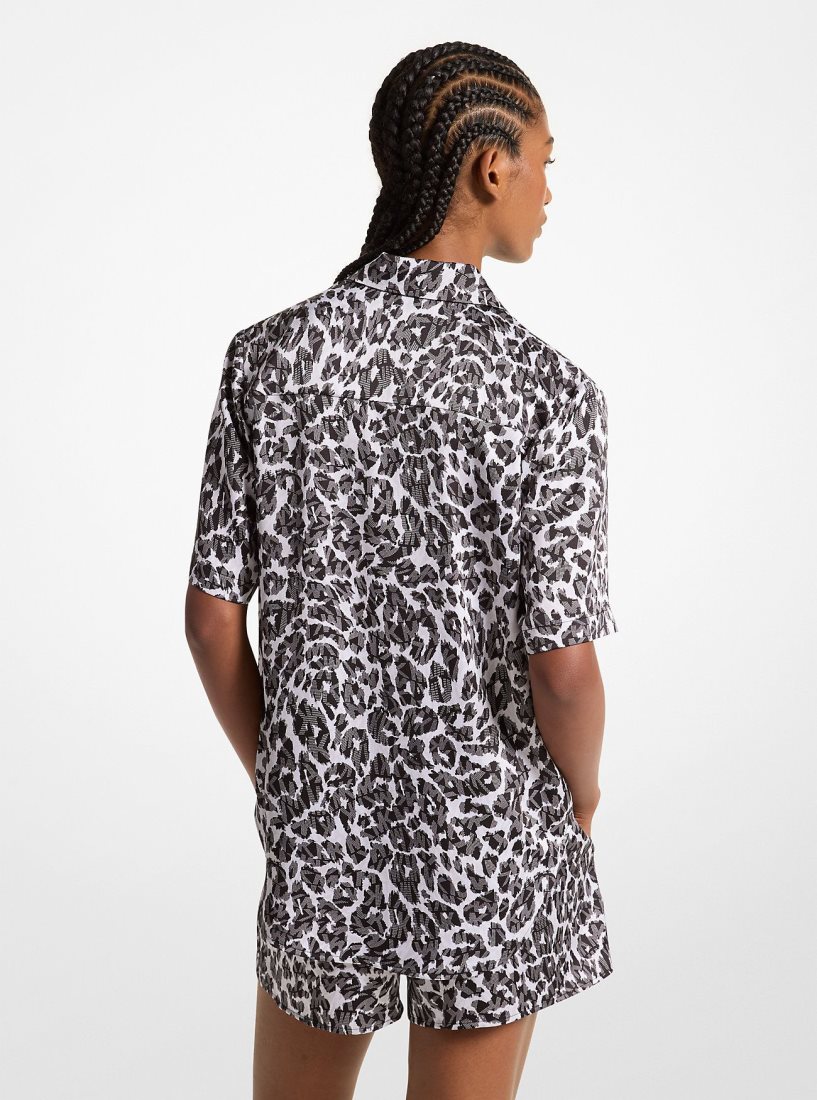 Hauts Michael Kors Leopard Logo Print Satin Camp Shirt Femme Grise | 8243WJELQ