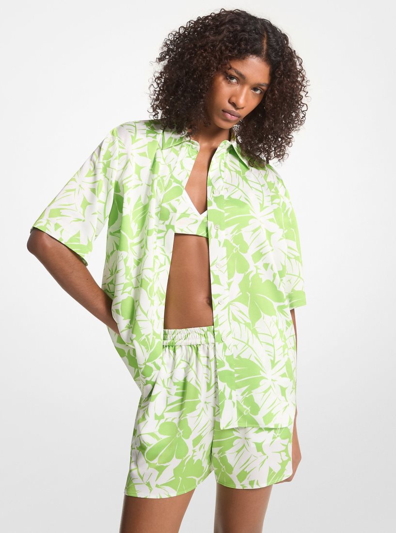 Hauts Michael Kors Palm Print Satin Cabana Shirt Femme Vert | 1859BOUZX