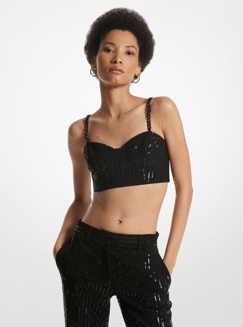 Hauts Michael Kors Pinstripe Sequined Crepe Bustier Top Femme Noir | 6251OHFUJ