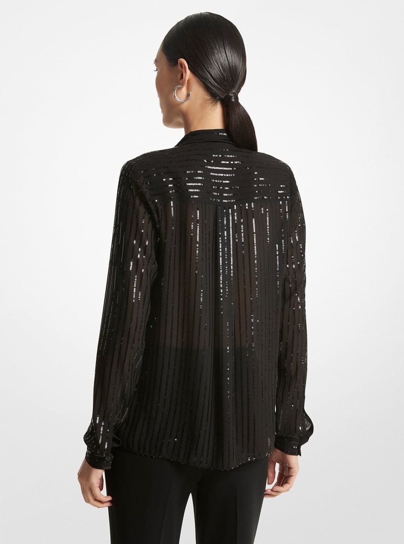 Hauts Michael Kors Pinstripe Sequined Georgette Tie-Neck Blouse Femme Noir | 7328ACBLS
