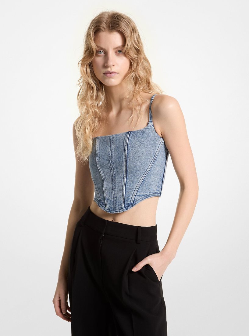 Hauts Michael Kors Stretch Denim Bustier Top Femme Bleu Lavage | 9702EDMYI