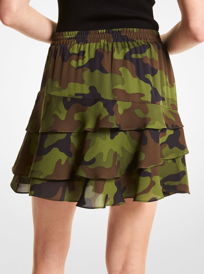 Jupes Michael Kors Camouflage Silk Georgette Ruffled Skirt Femme Vert Olive | 6458ZCMYW