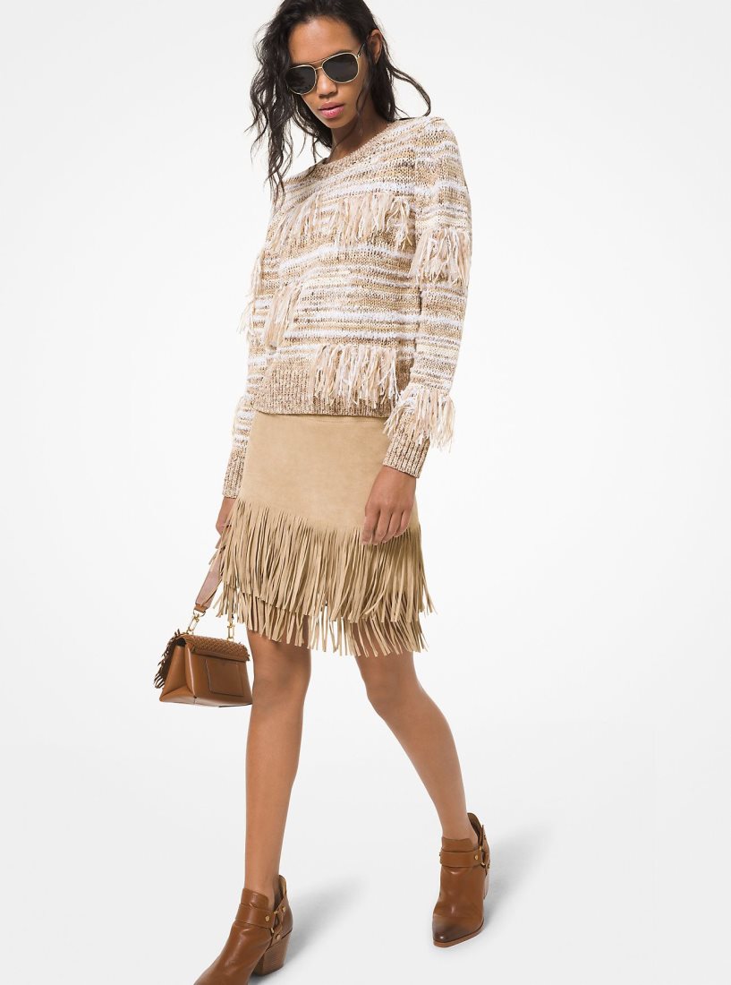 Jupes Michael Kors Fringed Suede Skirt Femme Kaki | 5714ZNIWA