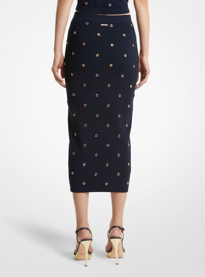 Jupes Michael Kors Grommet-Embellished Stretch Knit Pencil Skirt Femme Bleu Doré | 2637HYJMN