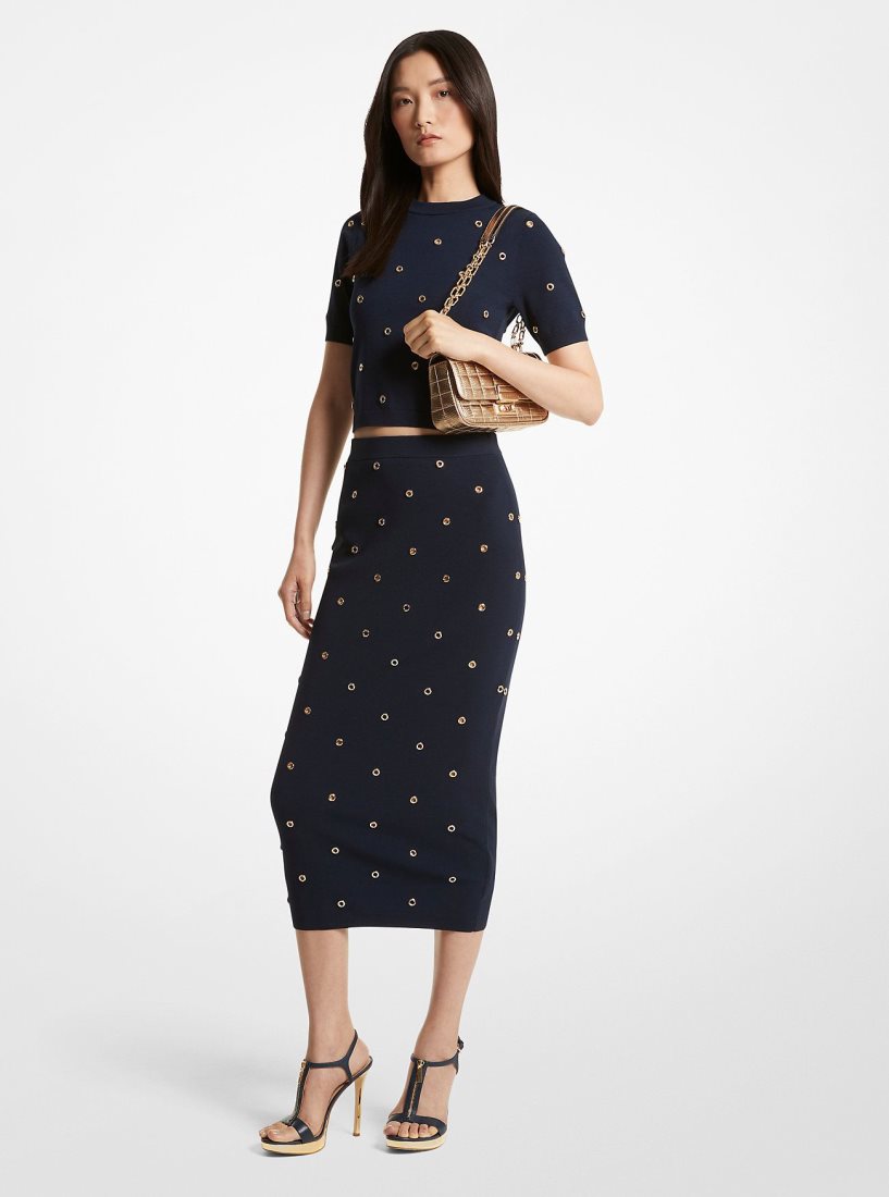 Jupes Michael Kors Grommet-Embellished Stretch Knit Pencil Skirt Femme Bleu Doré | 2637HYJMN