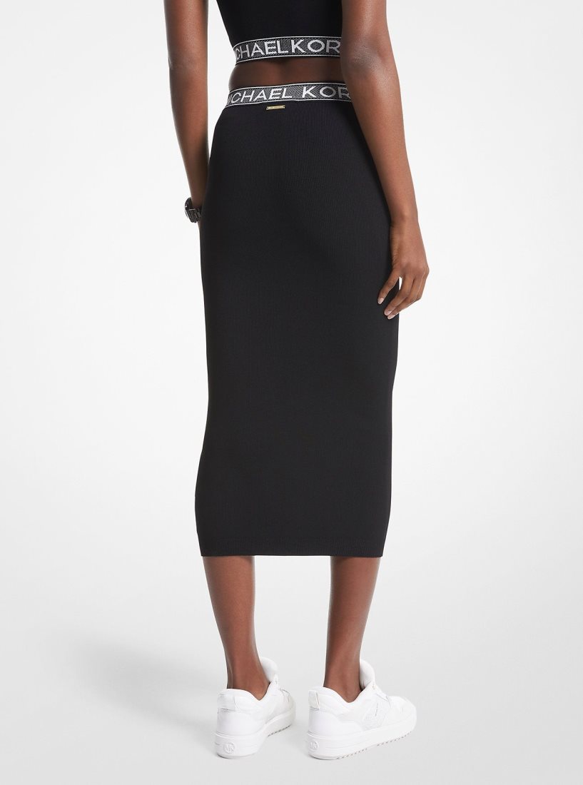 Jupes Michael Kors Logo Tape Stretch Viscose Midi Skirt Femme Noir | 4632VDEOG